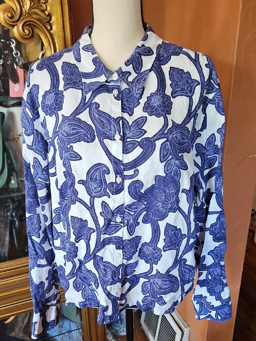 Boden Blue and White Floral Button-Up Blouse